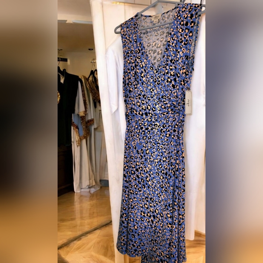 JM Collection Orange and Blue Leopard Wrap Tie Midi Dress, NWT